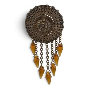Vintage Amber Glass Dangle Brooch Rhinestone Filigree Statement Pin